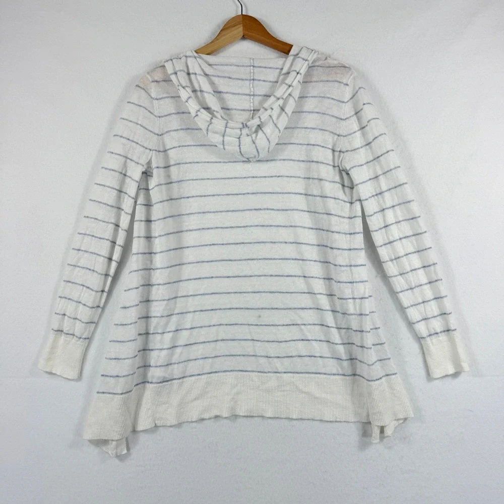Cynthia Rowley Hooded Cardigan Women XS White Blue Stripe Linen Coastal Nautical